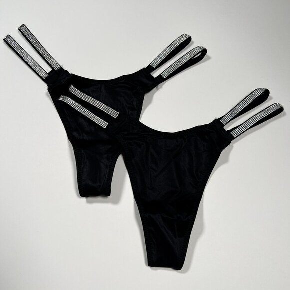 Victoria Secret Medium M Double Shine Strap Thong String PANTIES Black Lot of 2